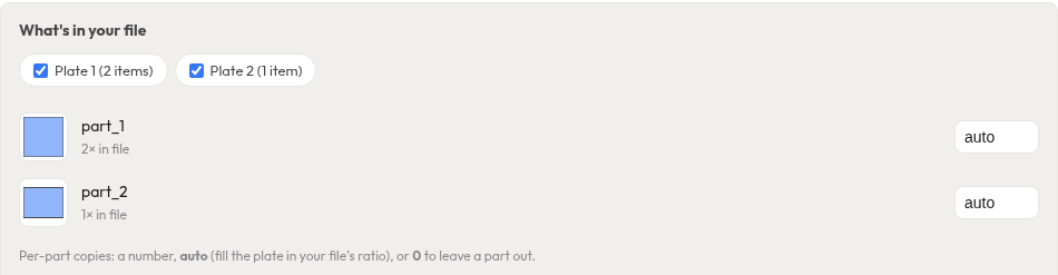 The what's-in-your-file panel: plate checkboxes and a per-part list with silhouette thumbnails and count fields